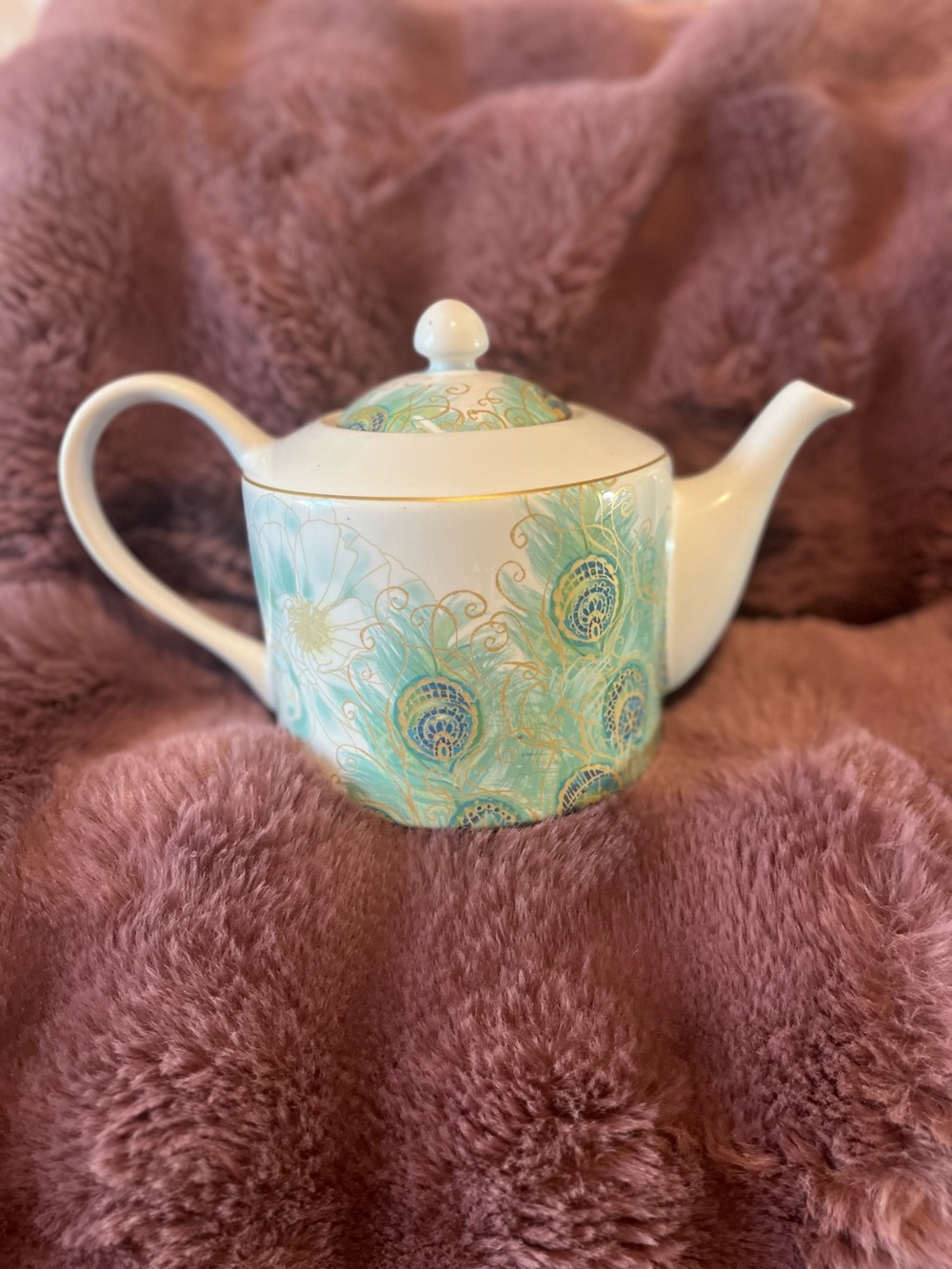 222 Fifth Lakshmi Turquoise Peacock Tea Set Teapot Sugar Bowl and Creamer